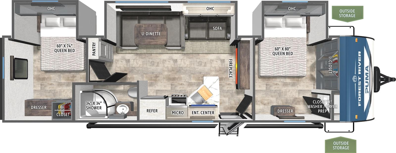 The Puma 32RBFQ2 floorplan has one entry and three slide outs. Exterior features include: metal exterior and 21' awning. Interiors features include: u-dinette, front bedroom, rear bedroom and two bedrooms.